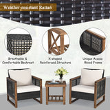 NNECW 3 Pieces Outdoor Wooden Furniture Bistro Set with Cushioned Sofas