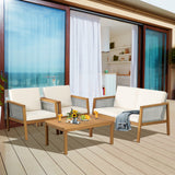 NNECW 4-Piece Patio Acacia Wood Furniture Set with Cushions for outdoors-Off White