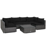NNECW 7 Piece Patio Rattan Conversation Set with Seat &amp Back Cushions  for Backyard/Poolside/Balcony-Black