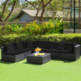 NNECW 7 Piece Patio Rattan Conversation Set with Seat &amp Back Cushions  for Backyard/Poolside/Balcony-Black