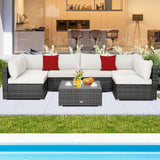 NNECW 7 Piece Patio Rattan Conversation Set with Seat &amp Back Cushions  for Backyard