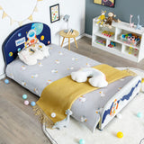 NNECW Twin Size Kids Wooden Upholstered Platform Bed with Astronaut/Unicorn/Cloud/Planet Pattern-Astronaut