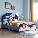 NNECW Twin Size Kids Wooden Upholstered Platform Bed with Astronaut/Unicorn/Cloud/Planet Pattern-Astronaut