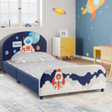 NNECW Twin Size Kids Wooden Upholstered Platform Bed with Astronaut/Unicorn/Cloud/Planet Pattern-Astronaut