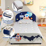 NNECW Twin Size Kids Wooden Upholstered Platform Bed with Astronaut/Unicorn/Cloud/Planet Pattern-Astronaut