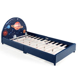 NNECW Twin Size Kids Wooden Upholstered Platform Bed with Astronaut/Unicorn/Cloud/Planet Pattern-Planet