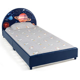 NNECW Twin Size Kids Wooden Upholstered Platform Bed with Astronaut/Unicorn/Cloud/Planet Pattern-Planet