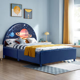 NNECW Twin Size Kids Wooden Upholstered Platform Bed with Astronaut/Unicorn/Cloud/Planet Pattern-Planet