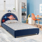 NNECW Twin Size Kids Wooden Upholstered Platform Bed with Astronaut/Unicorn/Cloud/Planet Pattern-Planet