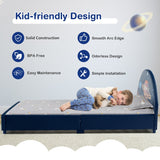 NNECW Twin Size Kids Wooden Upholstered Platform Bed with Astronaut/Unicorn/Cloud/Planet Pattern-Planet