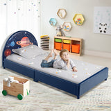 NNECW Twin Size Kids Wooden Upholstered Platform Bed with Astronaut/Unicorn/Cloud/Planet Pattern-Planet