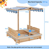 NNECW Covered Wooden Sandbox with 2 Convertible Seat Benches for Kids