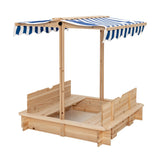 NNECW Covered Wooden Sandbox with 2 Convertible Seat Benches for Kids