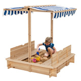 NNECW Covered Wooden Sandbox with 2 Convertible Seat Benches for Kids