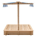 NNECW Covered Wooden Sandbox with 2 Convertible Seat Benches for Kids