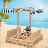NNECW Covered Wooden Sandbox with 2 Convertible Seat Benches for Kids
