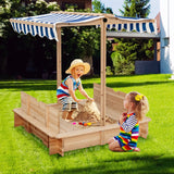 NNECW Covered Wooden Sandbox with 2 Convertible Seat Benches for Kids