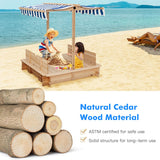 NNECW Covered Wooden Sandbox with 2 Convertible Seat Benches for Kids