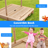NNECW Covered Wooden Sandbox with 2 Convertible Seat Benches for Kids