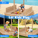 NNECW Covered Wooden Sandbox with 2 Convertible Seat Benches for Kids