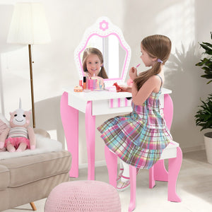 NNECW Kids Vanity Table & Stool Set with Mirror & Drawer