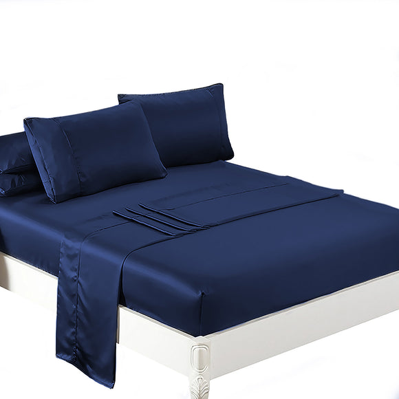 NNEIDS Silky Satin Sheets Fitted Flat Bed Sheet Pillowcases Summer King Blue
