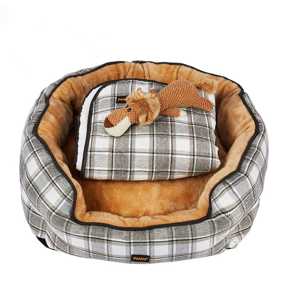NNEIDS  Pet Bed Set Dog Cat Quilted Blanket Squeaky Toy Calming Warm Soft Nest Checkered M