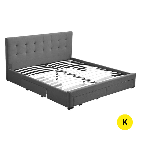 NNEIDS Bed Frame King Fabric With Drawers Storage Wooden Mattress Grey