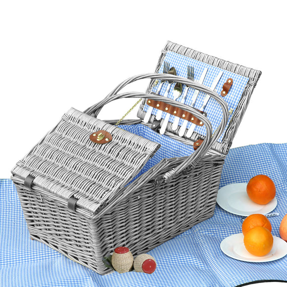 NNEIDS 4 Person Picnic Basket Baskets Set Outdoor Blanket Wicker Deluxe Folding Handle