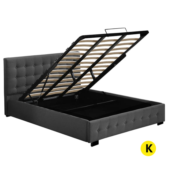 NNEIDS Gas Lift Bed Frame Fabric Base Mattress Storage King Size Dark Grey