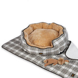 NNEIDS Pet Bed Set Dog Cat Quilted Blanket Squeaky Toy Calming Warm Soft Nest Checkered L