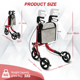 NNECW Aluminium Foldable 3-Wheel Rollator Walker with Adjustable Handle Brakes-Red