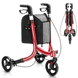NNECW Aluminium Foldable 3-Wheel Rollator Walker with Adjustable Handle Brakes-Red