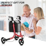 NNECW Aluminium Foldable 3-Wheel Rollator Walker with Adjustable Handle Brakes-Red