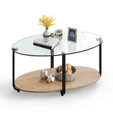 NNECW 2-Tier Modern Oval Coffee Table with Tempered Glass Tabletop for Home Office
