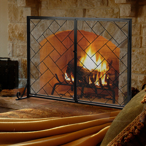 NNECW 2-Panel Fireplace Screen with Double Door-Black