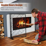 NNECW 2-Panel Fireplace Screen with Double Door-Black