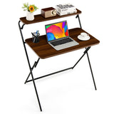 NNECW 2-Tier Modern Folding Computer Desk with Shelf for Home Office Brown