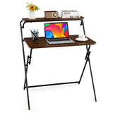 NNECW 2-Tier Modern Folding Computer Desk with Shelf for Home Office Brown