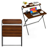 NNECW 2-Tier Modern Folding Computer Desk with Shelf for Home Office Brown