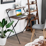 NNECW 2-Tier Modern Folding Computer Desk with Shelf for Home Office Brown