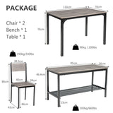 NNECW Industrial Gathering Table Set with 2 Chairs &amp 1 Bench for Dining Room Grey