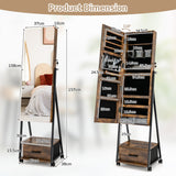 NNECW Mobile Standing Lockable Jewelry Cabinet with Full Length Mirror-Coffee