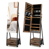 NNECW Mobile Standing Lockable Jewelry Cabinet with Full Length Mirror-Coffee