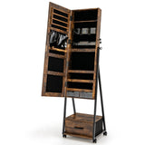 NNECW Mobile Standing Lockable Jewelry Cabinet with Full Length Mirror-Coffee
