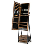 NNECW Mobile Standing Lockable Jewelry Cabinet with Full Length Mirror-Coffee