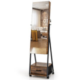 NNECW Mobile Standing Lockable Jewelry Cabinet with Full Length Mirror-Coffee