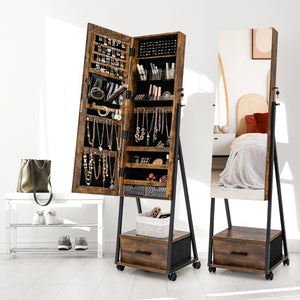 NNECW Mobile Standing Lockable Jewelry Cabinet with Full Length Mirror-Coffee