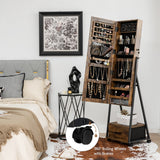 NNECW Mobile Standing Lockable Jewelry Cabinet with Full Length Mirror-Coffee