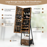 NNECW Mobile Standing Lockable Jewelry Cabinet with Full Length Mirror-Coffee